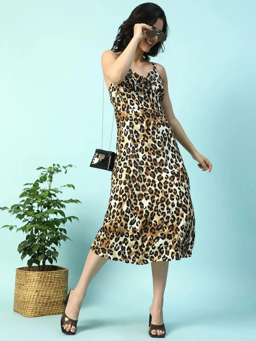 Twril Brown Animal Print Shoulder Strap Sleeveless Women Satin Dress - oxolloxo