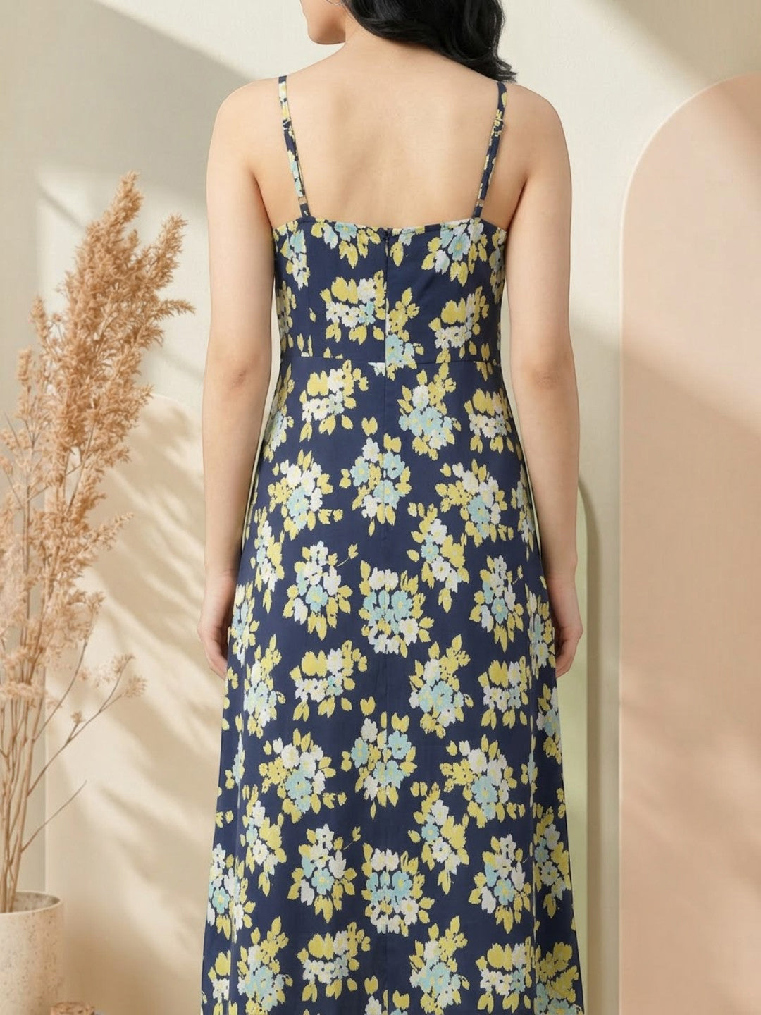 Navy floral maxi dress with yellow and blue blooms, back view, plus size women's fashion
