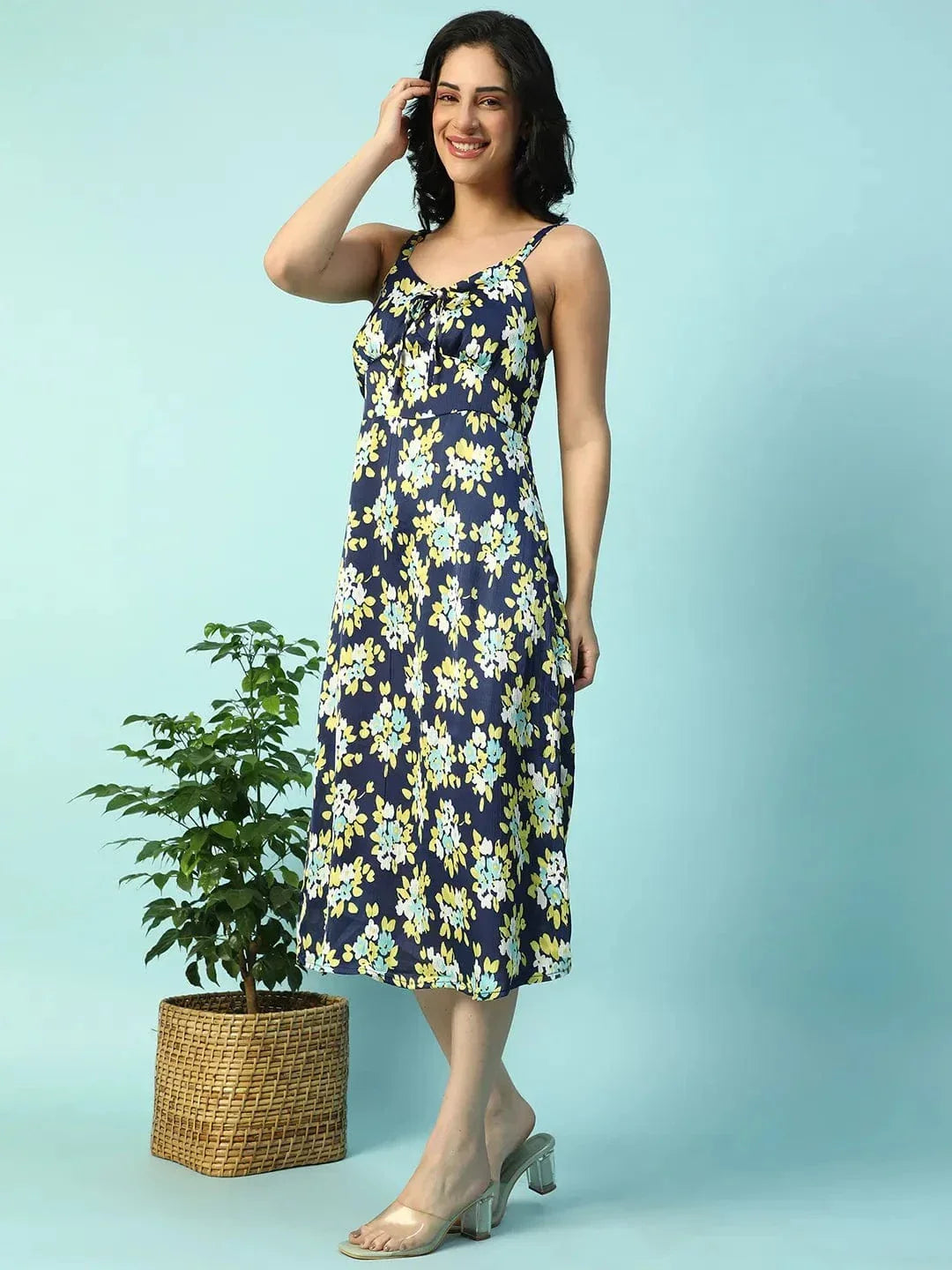 Multicolor Floral Print Shoulder Strap Sleeveless Women Satin Dress - oxolloxo