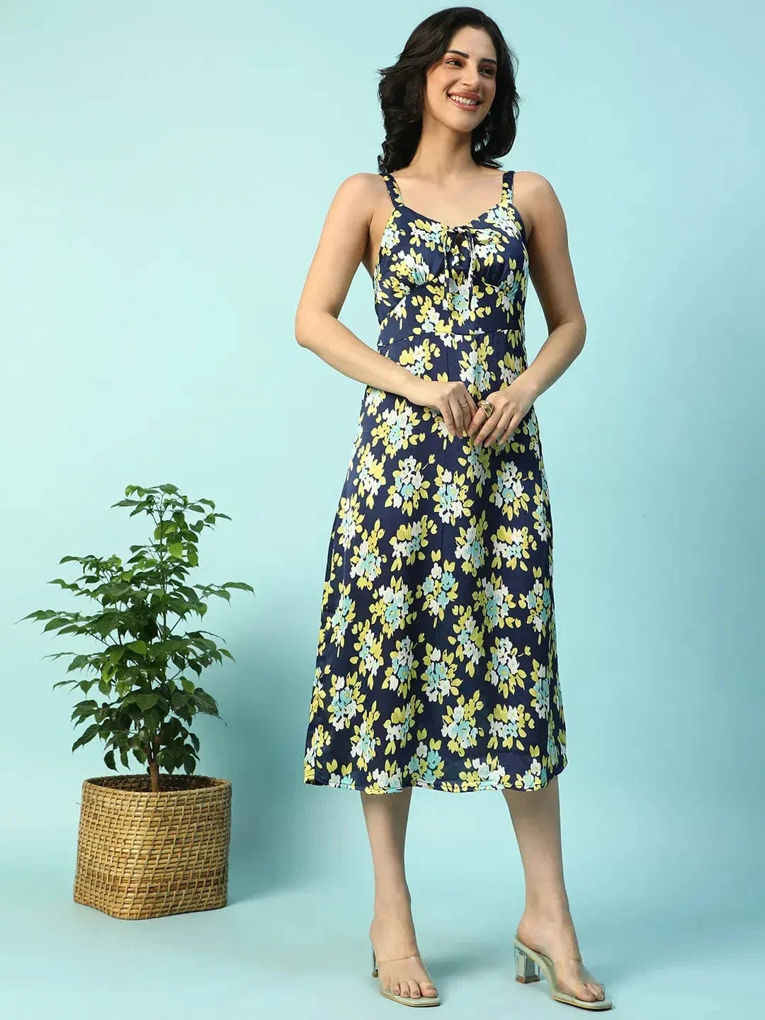 Multicolor Floral Print Shoulder Strap Sleeveless Women Satin Dress - oxolloxo