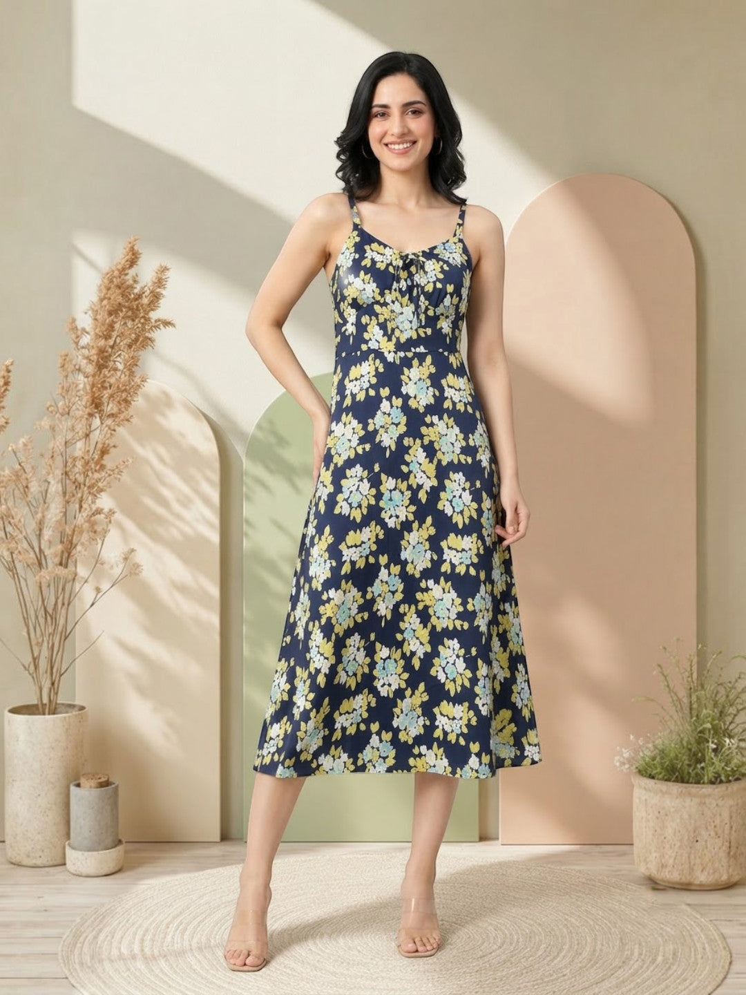 Navy floral midi dress with thin straps, perfect for plus size & regular women's fashion