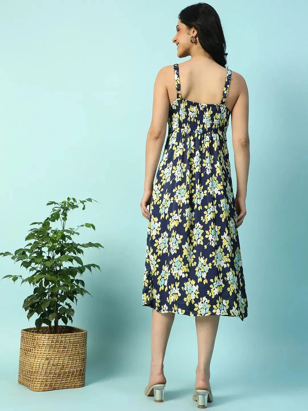 Multicolor Floral Print Shoulder Strap Sleeveless Women Satin Dress - oxolloxo