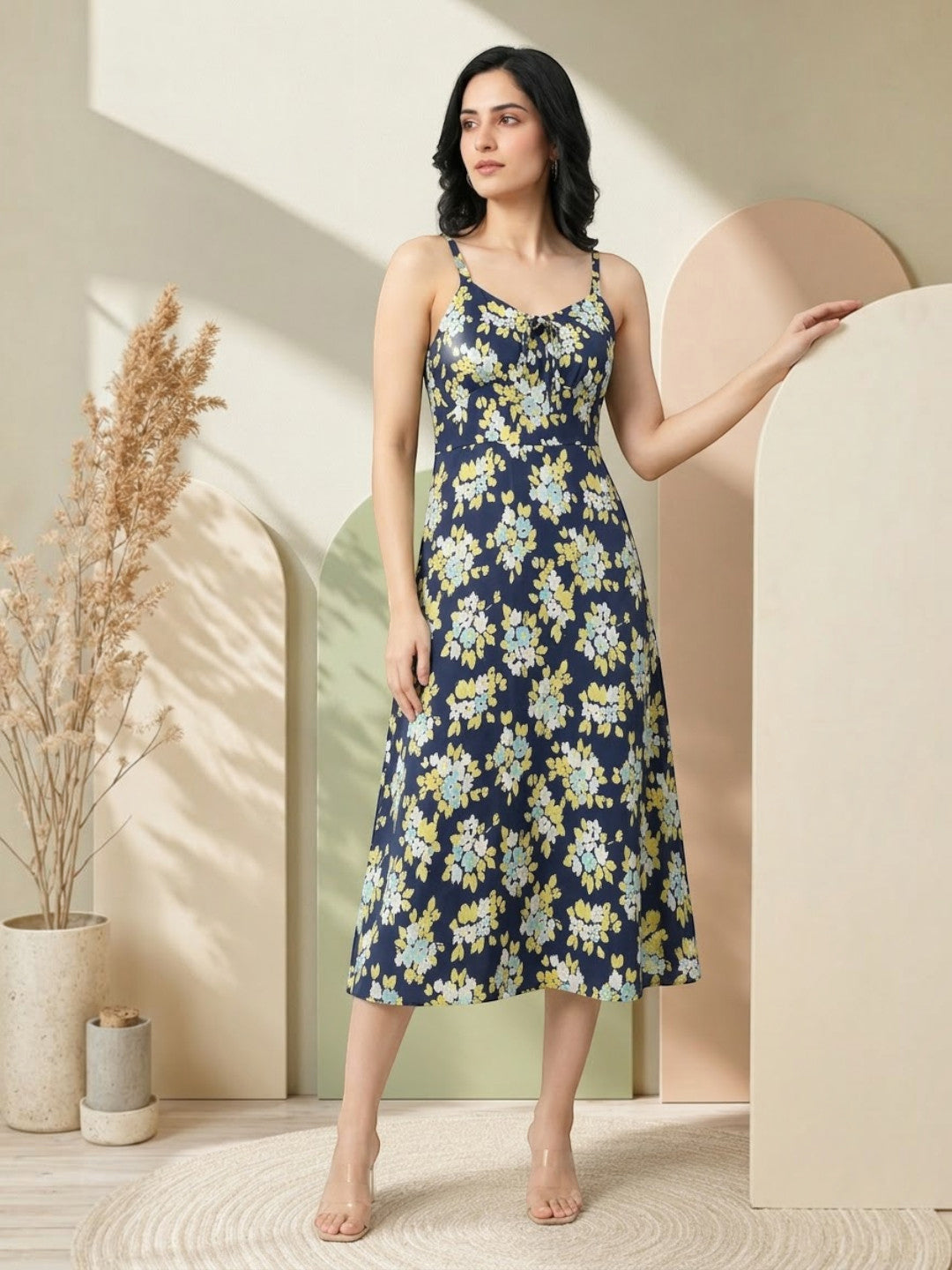 Navy floral midi dress with thin straps, perfect for women's fashion, plus size & regular fits