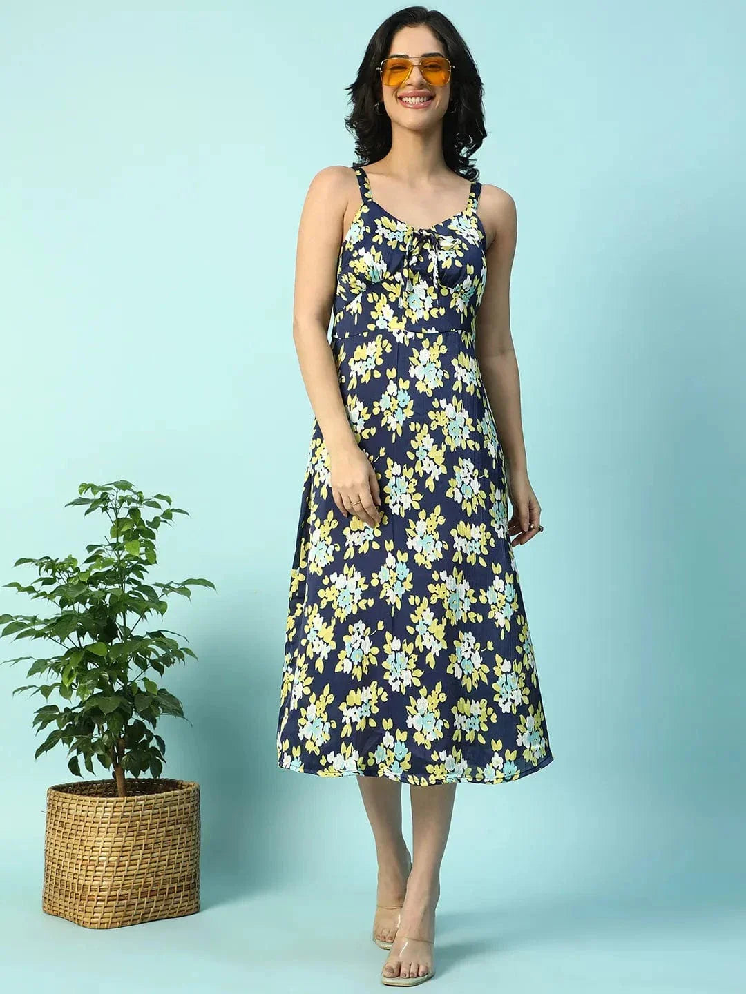 Multicolor Floral Print Shoulder Strap Sleeveless Women Satin Dress - oxolloxo