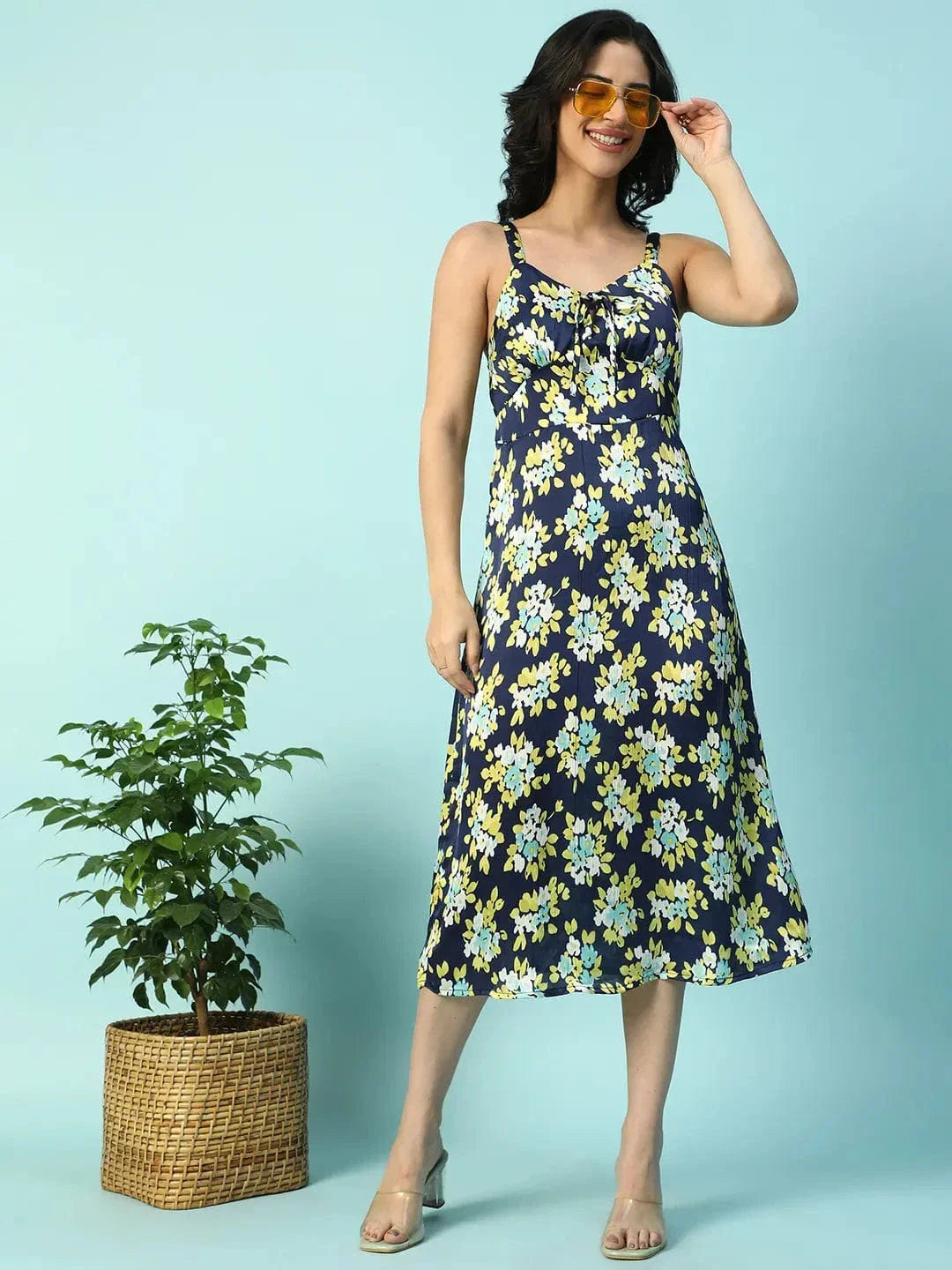 Multicolor Floral Print Shoulder Strap Sleeveless Women Satin Dress - oxolloxo