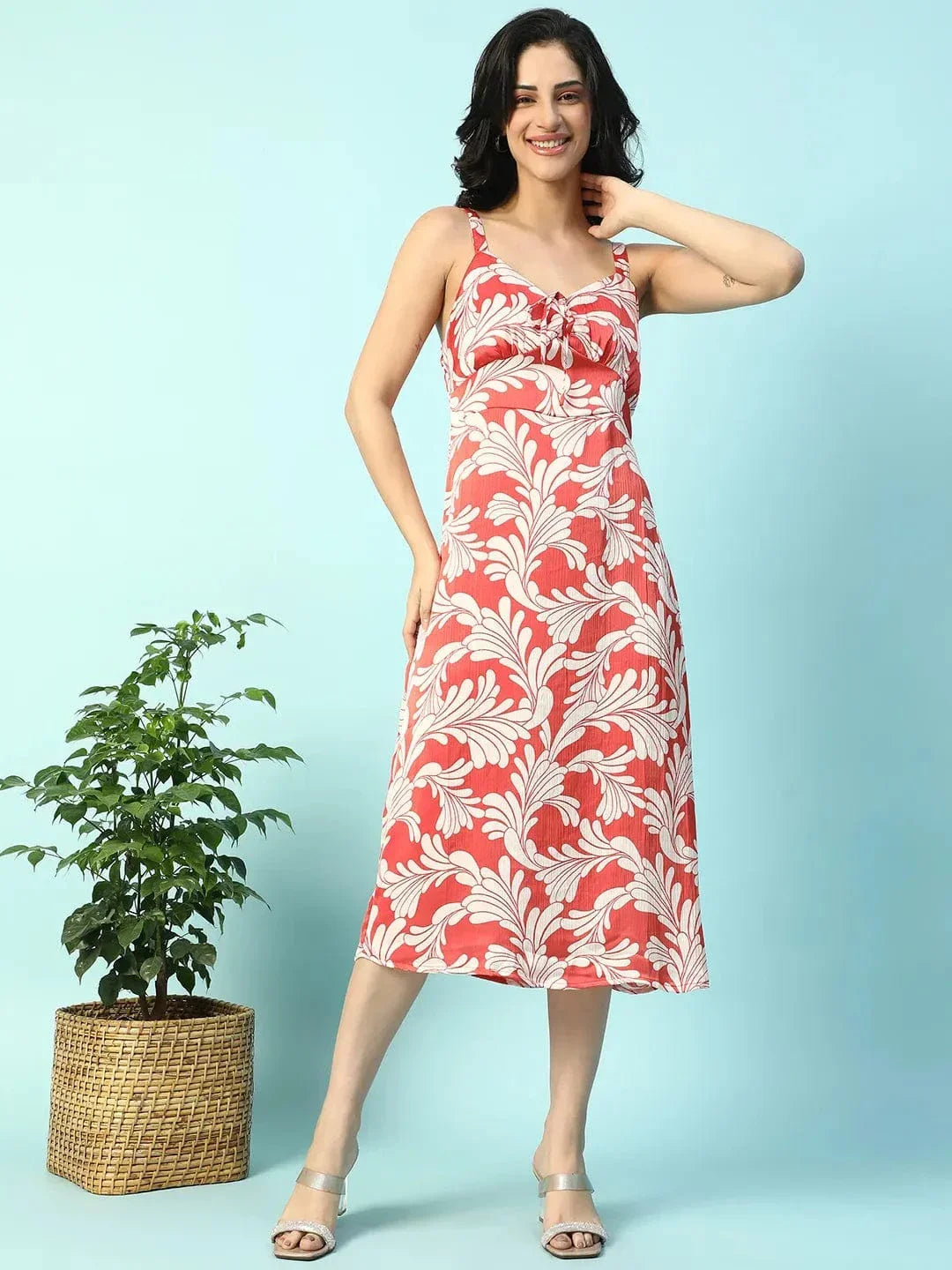Power Red Floral Print Shoulder Strap Sleeveless Women Satin Dress - oxolloxo