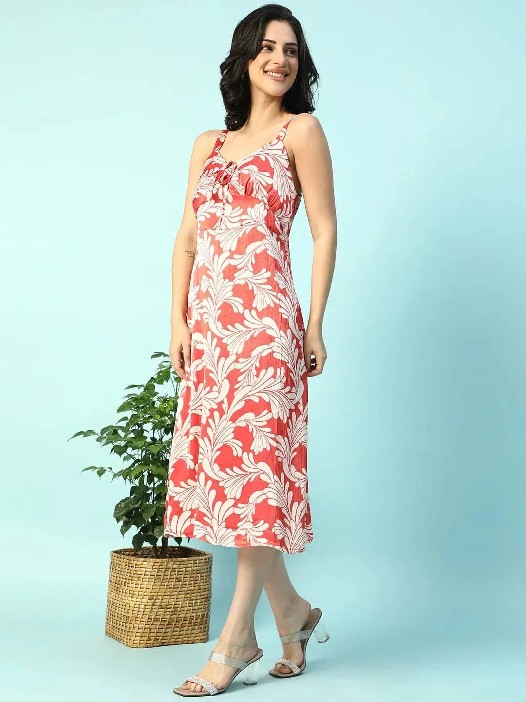 Power Red Floral Print Shoulder Strap Sleeveless Women Satin Dress - oxolloxo