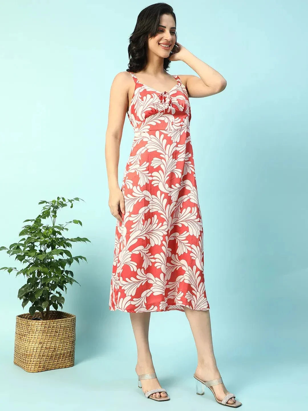 Power Red Floral Print Shoulder Strap Sleeveless Women Satin Dress - oxolloxo