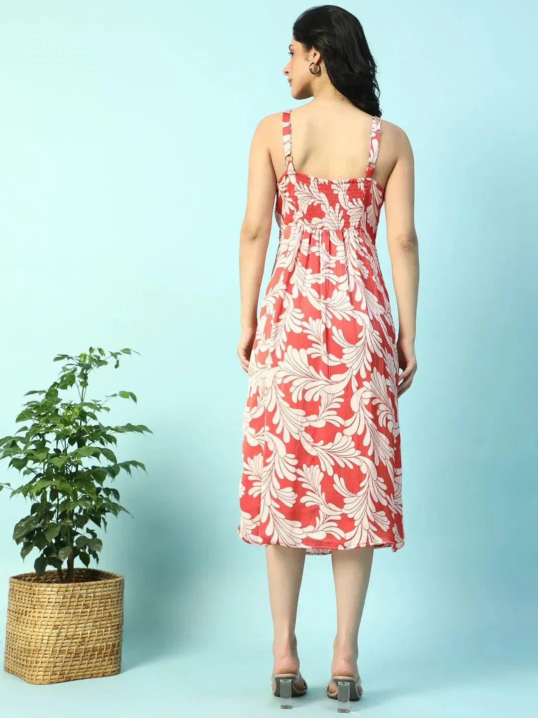Power Red Floral Print Shoulder Strap Sleeveless Women Satin Dress - oxolloxo