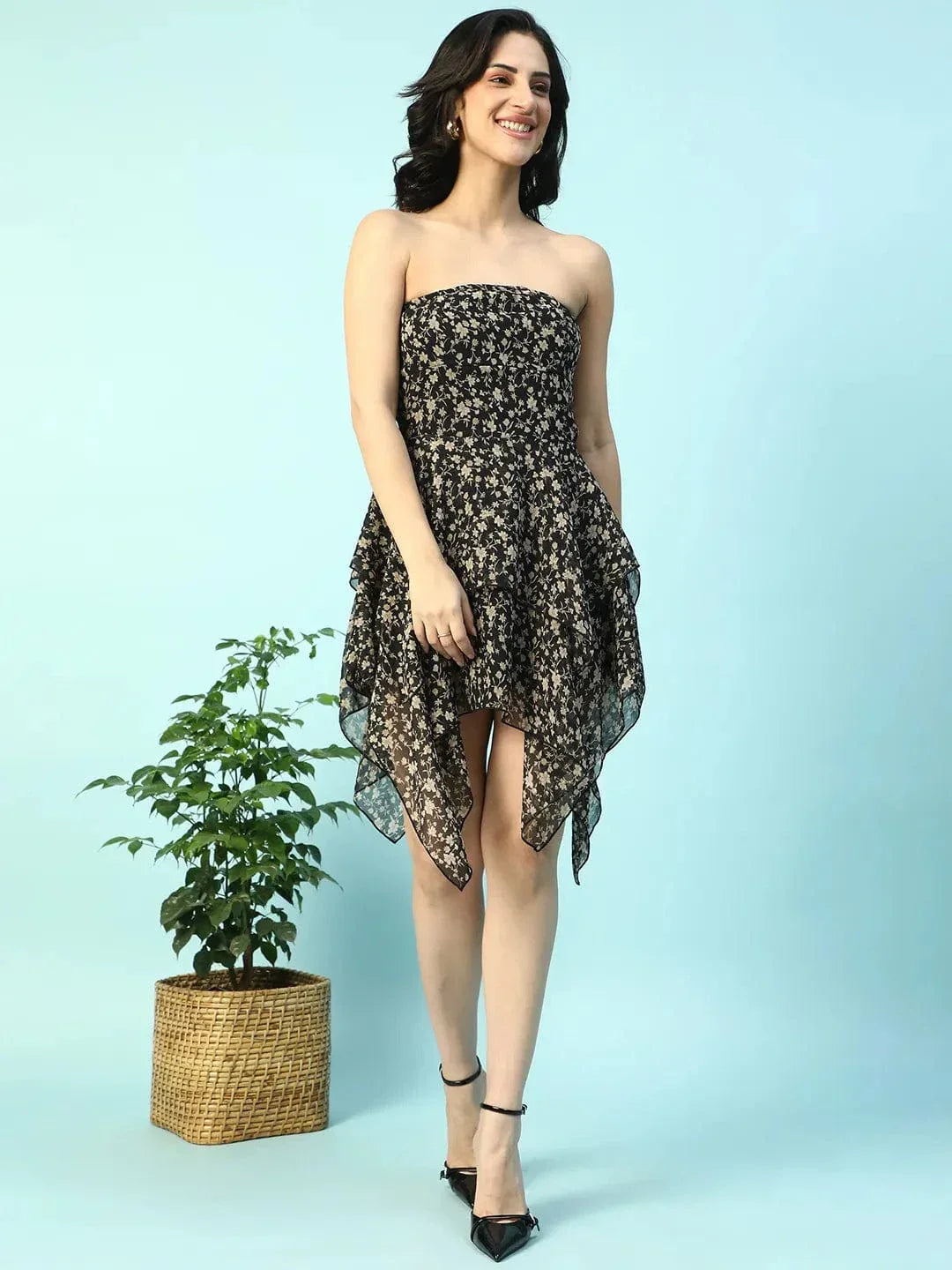 Swingy Black Floral Print Ruffle Detail Off Shoulder With Tie-Knot At Back High Low Women Dress - oxolloxo