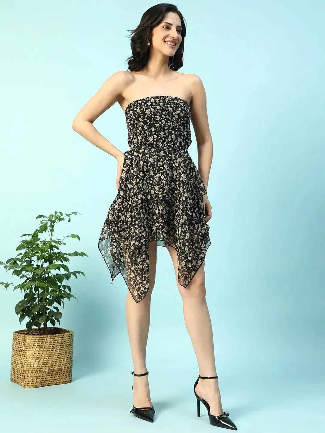 Swingy Black Floral Print Ruffle Detail Off Shoulder With Tie-Knot At Back High Low Women Dress - oxolloxo