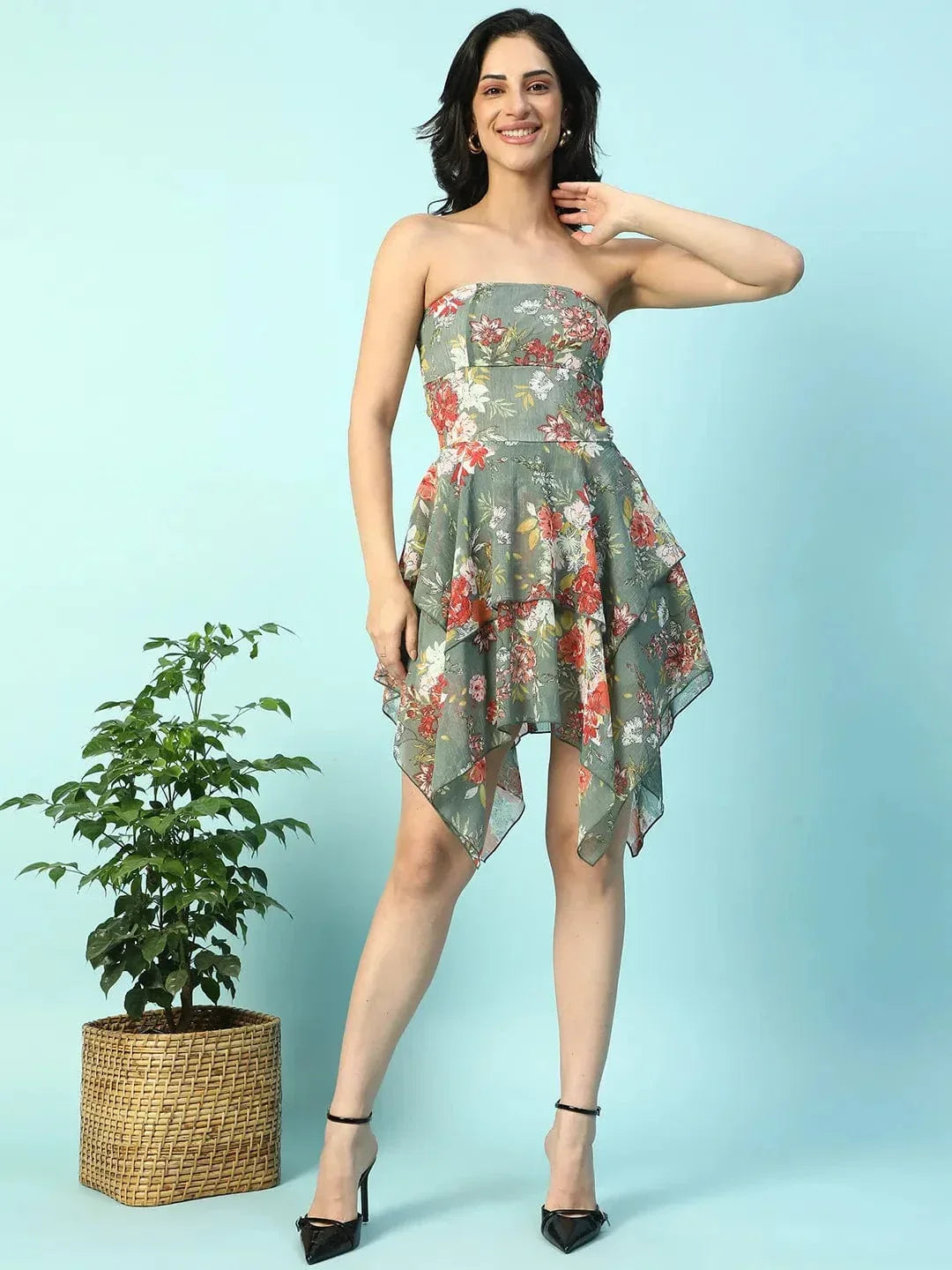 Chill Green Floral Print Ruffle Detail Off Shoulder With Tie-Knot At Back High Low Women Dress - oxolloxo