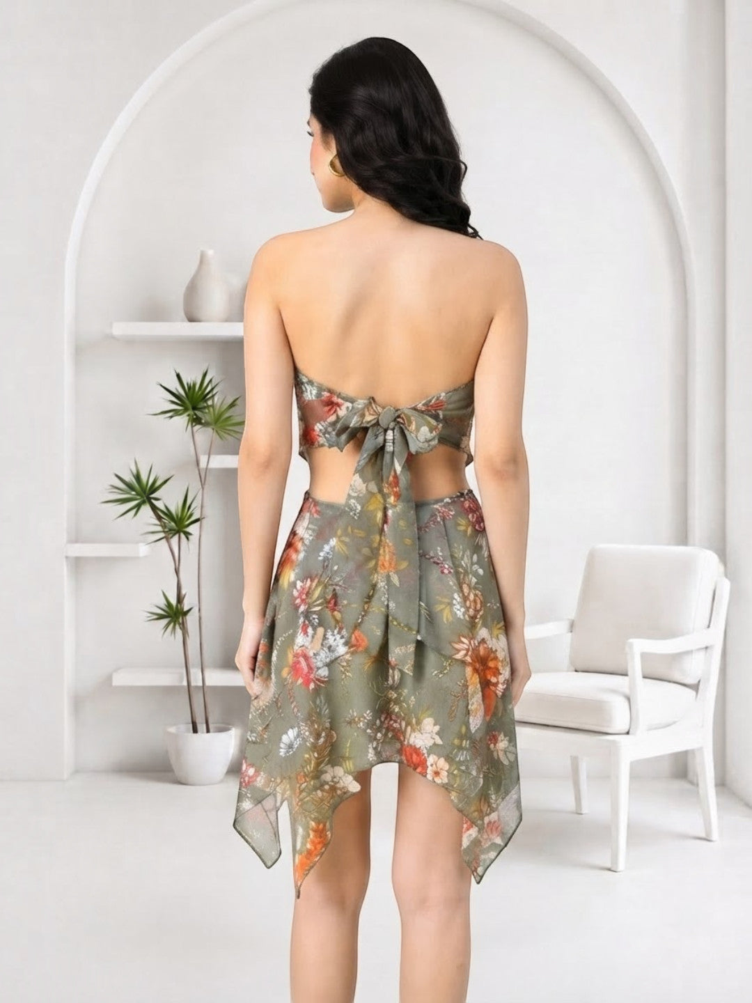 Floral print backless dress with bow tie, plus size & regular women's fashion, stylish summer outfit