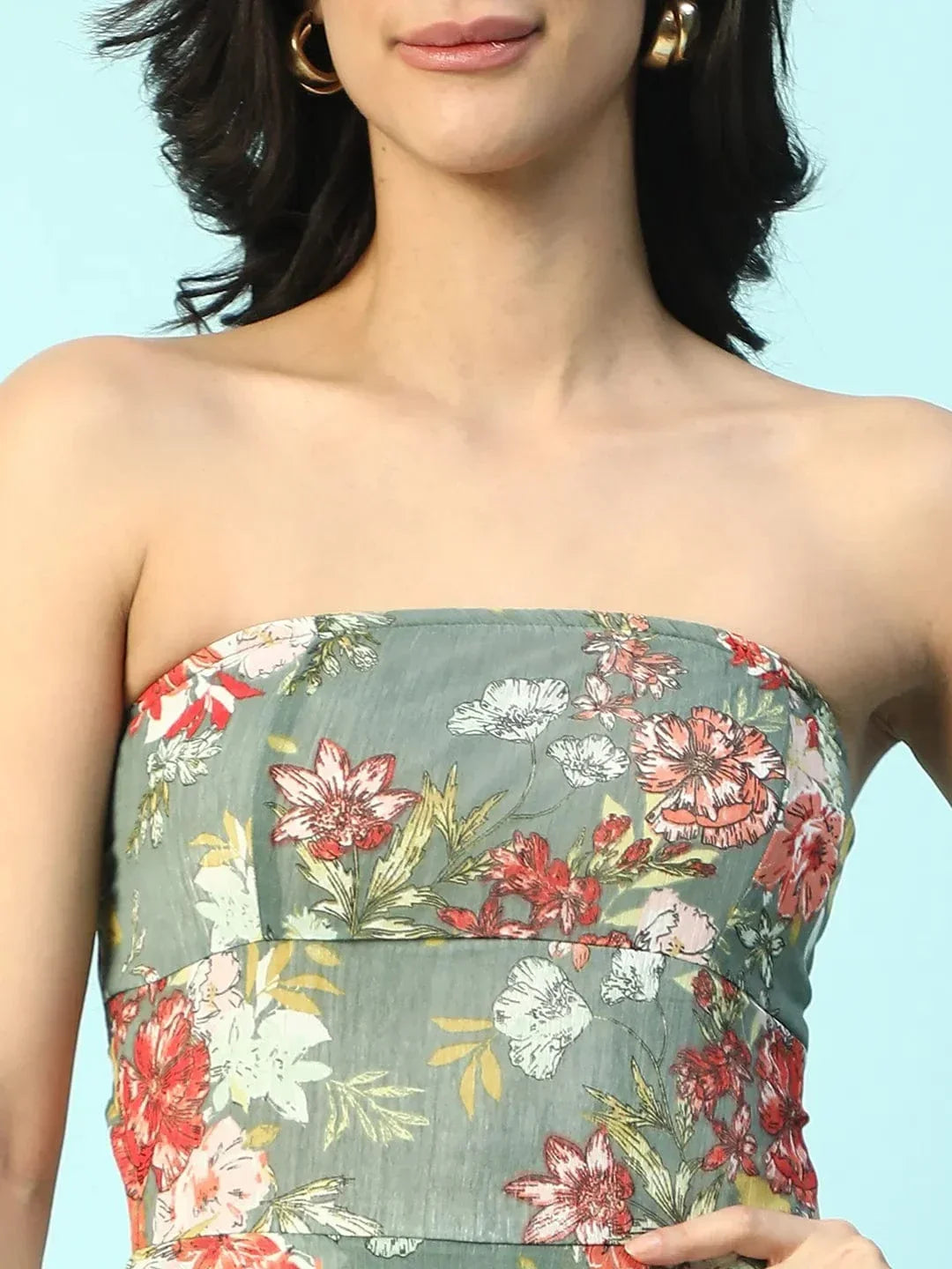 Chill Green Floral Print Ruffle Detail Off Shoulder With Tie-Knot At Back High Low Women Dress - oxolloxo