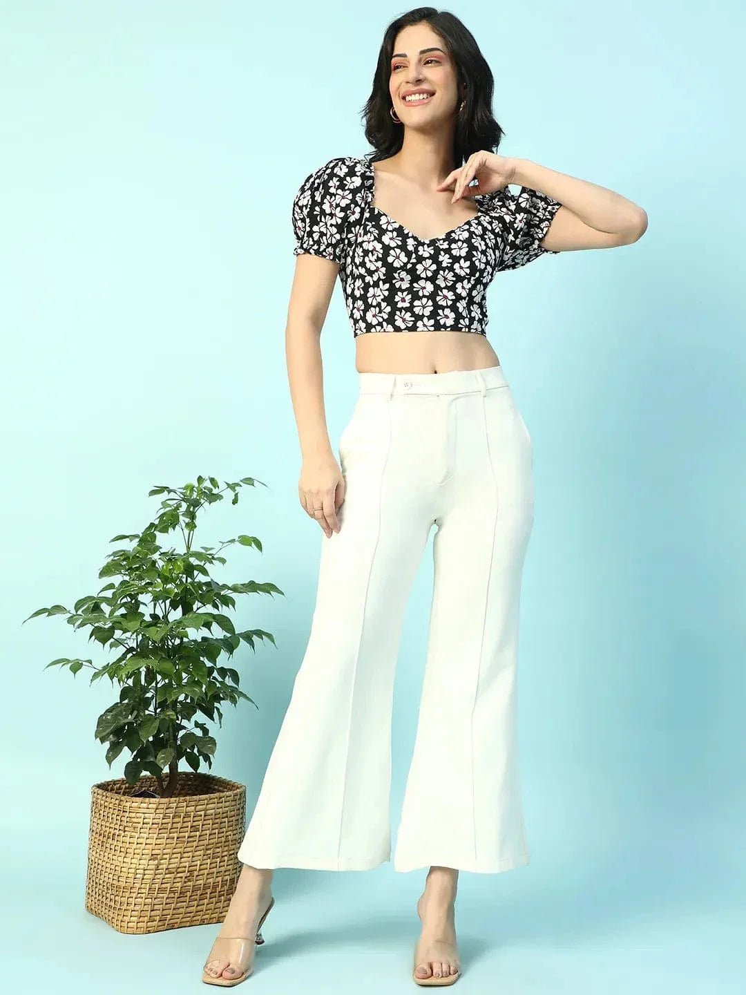 Whirl Black Floral Print Smocking Detail Women Crop Top - oxolloxo