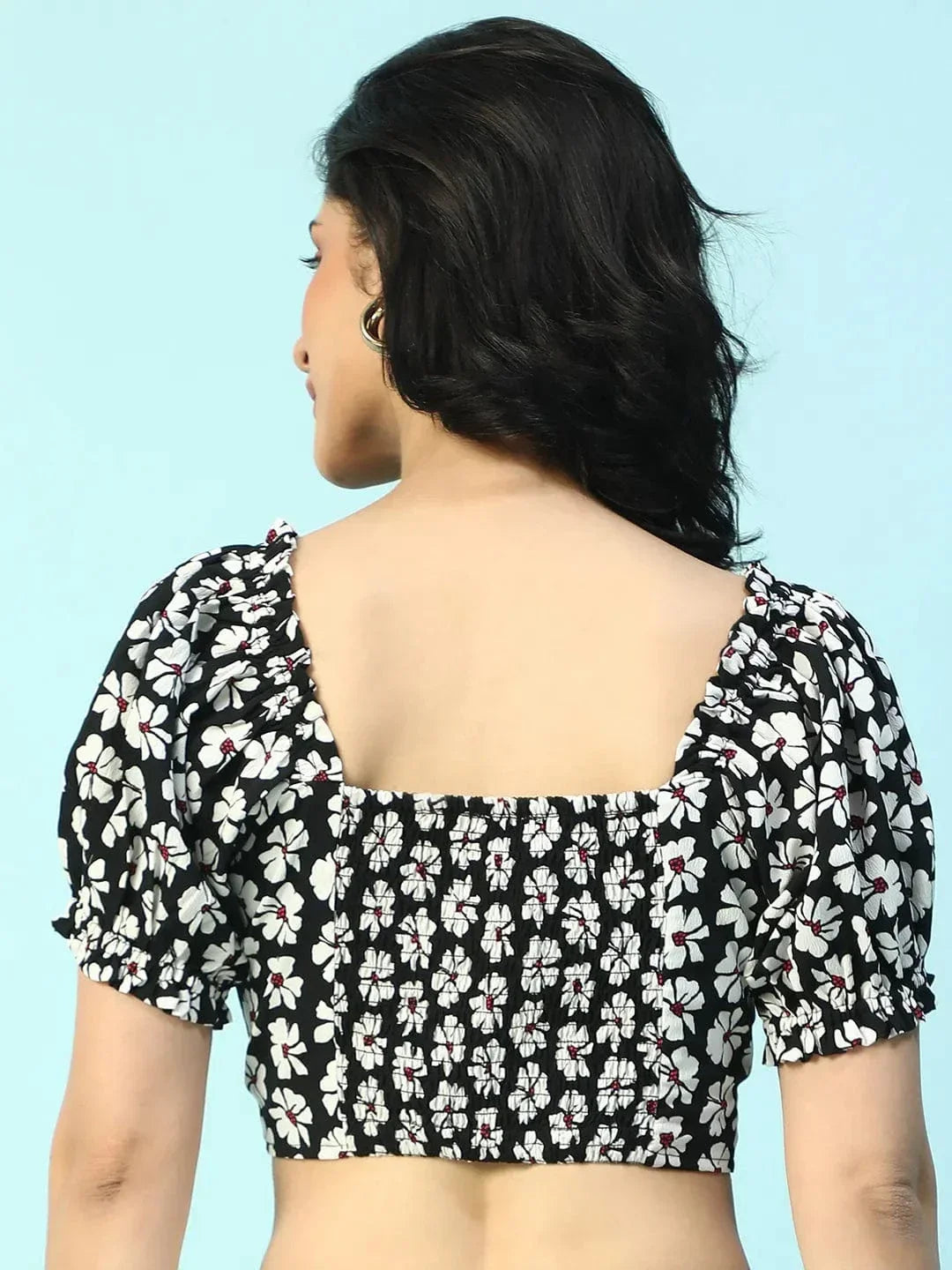 Whirl Black Floral Print Smocking Detail Women Crop Top - oxolloxo