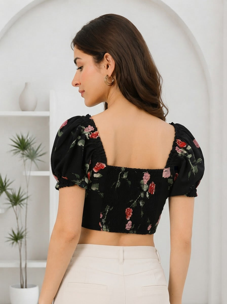 Black floral puff sleeve crop top with square back, plus size women's fashion