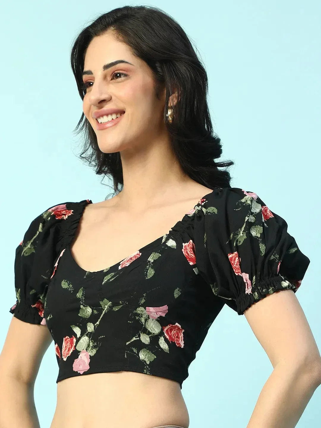 Zestee Black Floral Print Smocking Detail Women Crop Top - oxolloxo