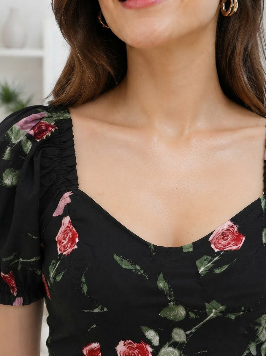 Black floral dress with red roses, puff sleeves, and square neckline for women's fashion