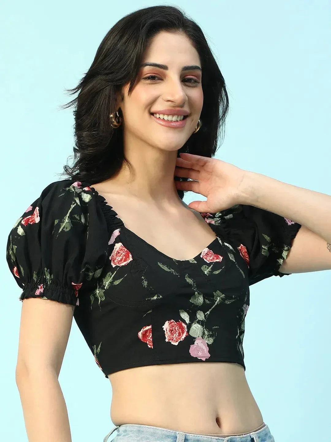 Zestee Black Floral Print Smocking Detail Women Crop Top - oxolloxo