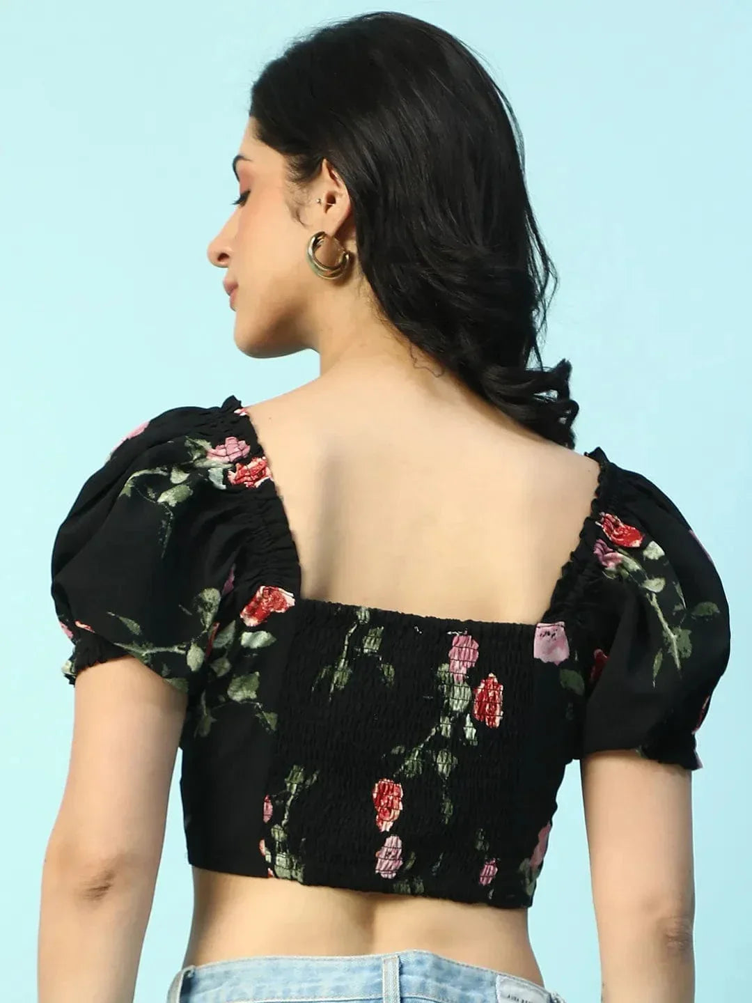 Zestee Black Floral Print Smocking Detail Women Crop Top - oxolloxo
