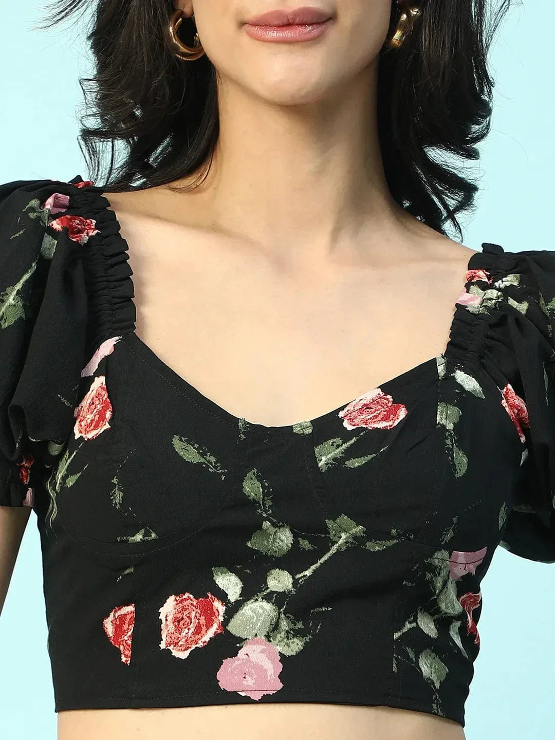 Zestee Black Floral Print Smocking Detail Women Crop Top - oxolloxo