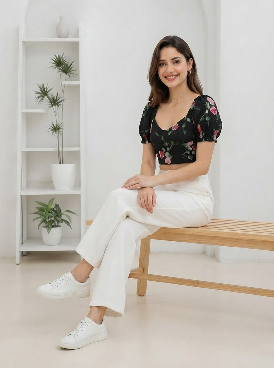 Woman in black floral crop top with puff sleeves, white wide-leg pants, and white sneakers, seated on wooden bench