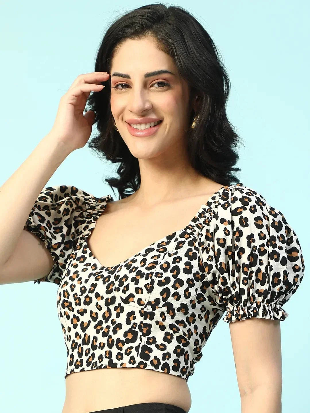 Glamify Black Floral Print Smocking Detail Women Crop Top - oxolloxo