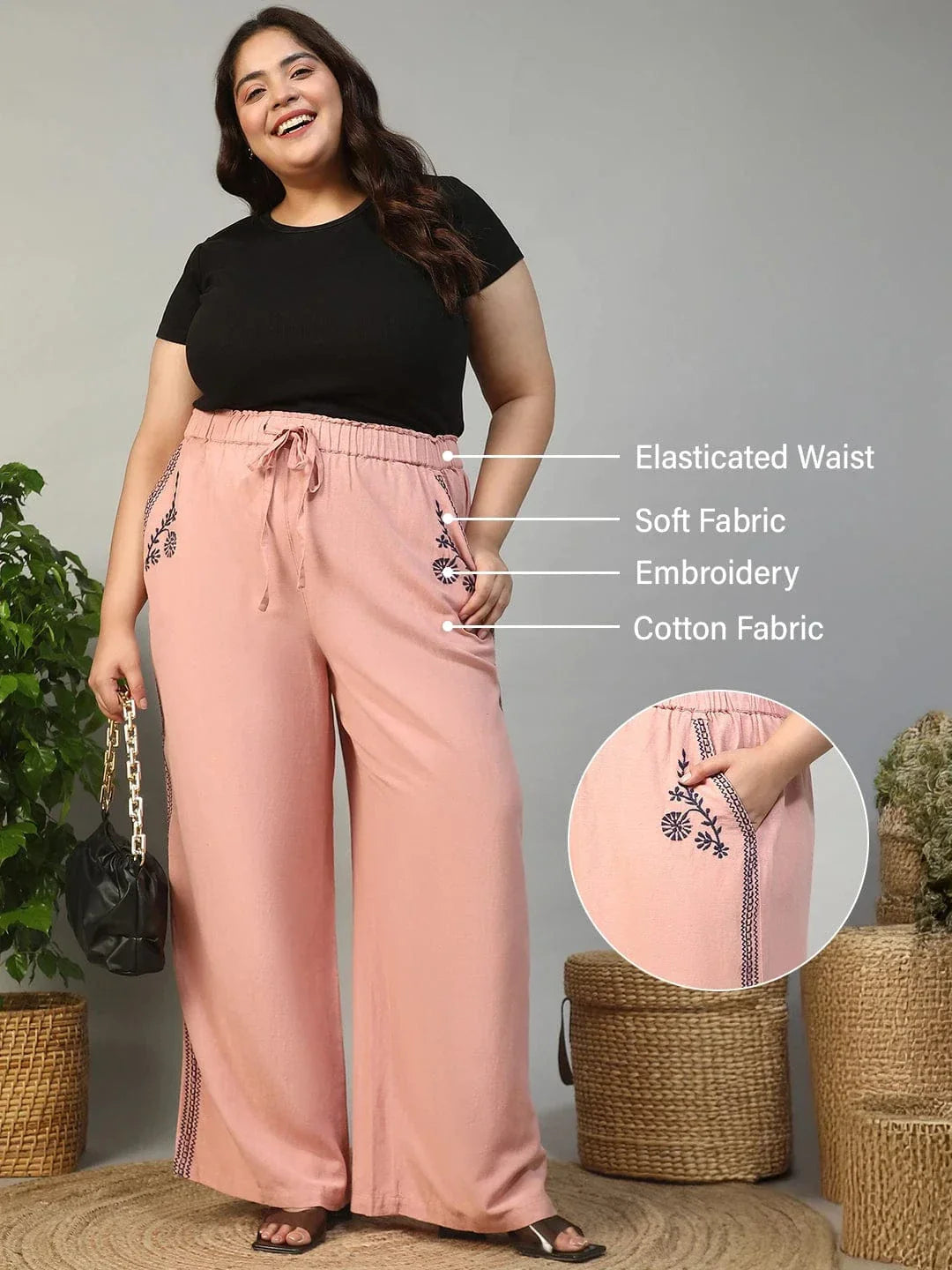 Blastic Pink Elasticated With Tie -Up Detail Embroidered Plus Size Women Cotton Linen Pant - oxolloxo