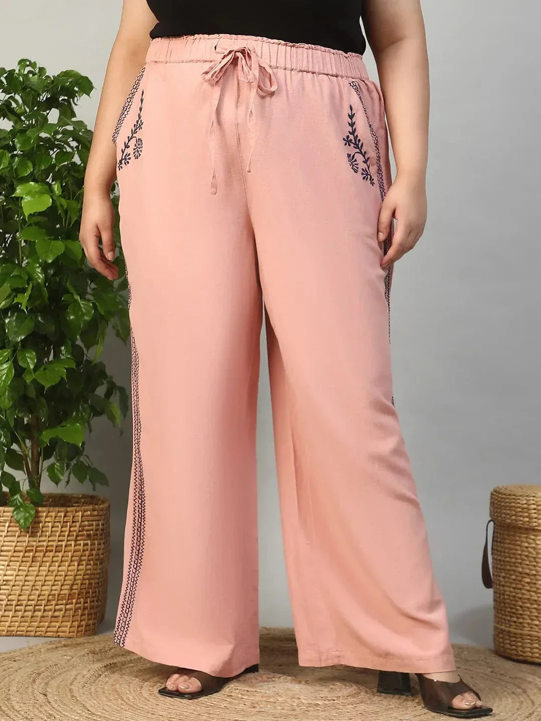 Blastic Pink Elasticated With Tie -Up Detail Embroidered Plus Size Women Cotton Linen Pant - oxolloxo