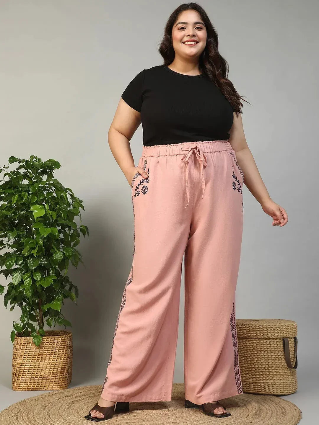 Blastic Pink Elasticated With Tie -Up Detail Embroidered Plus Size Women Cotton Linen Pant - oxolloxo
