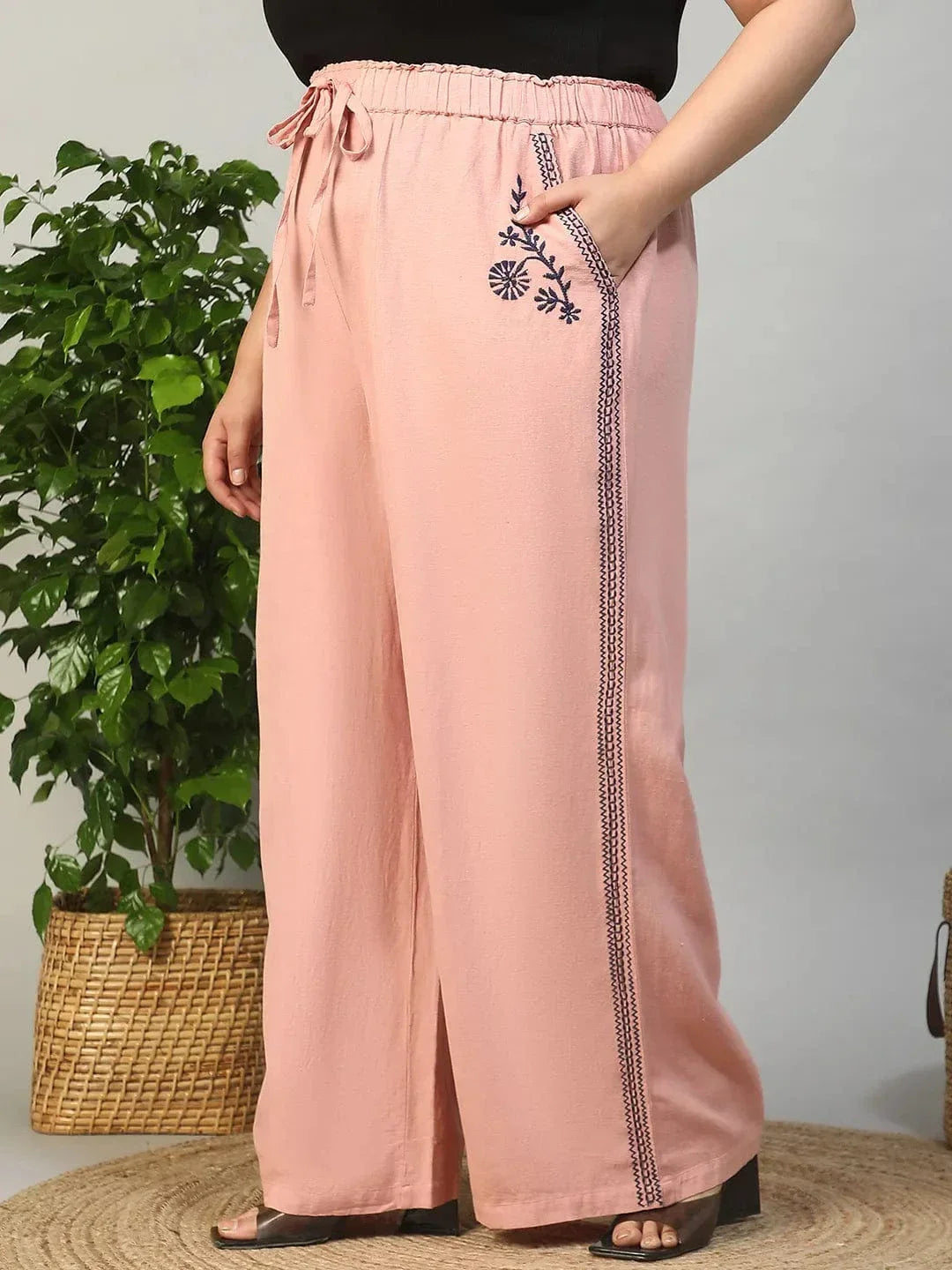Blastic Pink Elasticated With Tie -Up Detail Embroidered Plus Size Women Cotton Linen Pant - oxolloxo