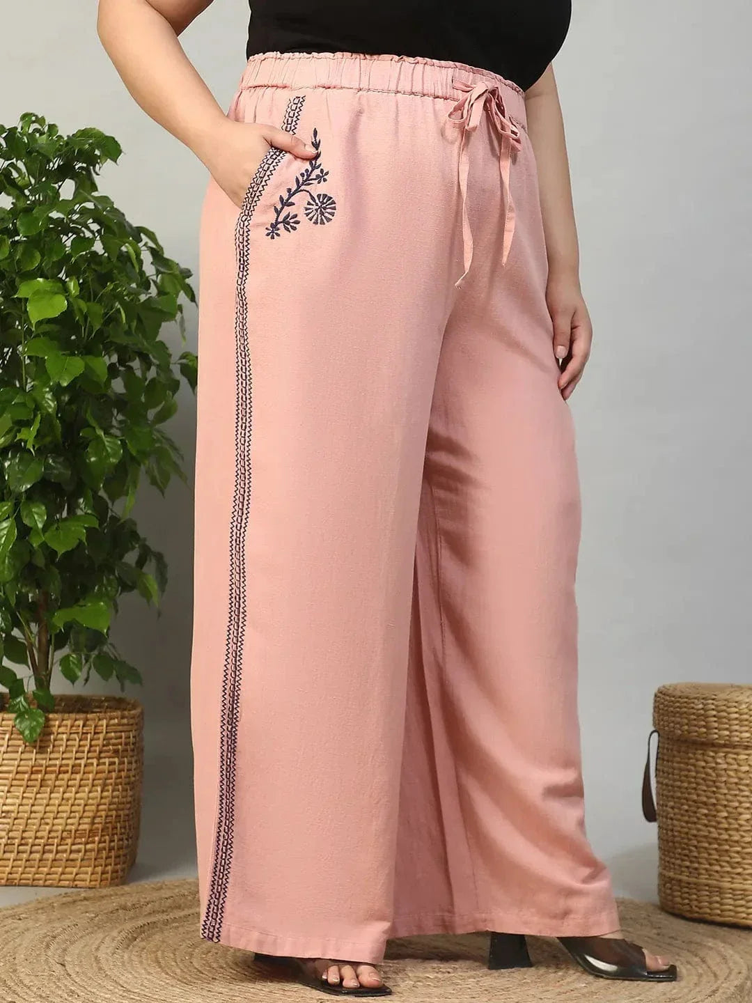 Blastic Pink Elasticated With Tie -Up Detail Embroidered Plus Size Women Cotton Linen Pant - oxolloxo