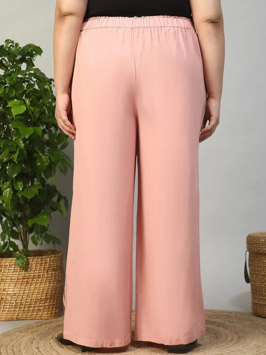 Blastic Pink Elasticated With Tie -Up Detail Embroidered Plus Size Women Cotton Linen Pant - oxolloxo
