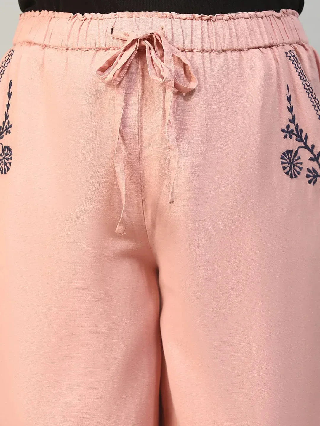 Blastic Pink Elasticated With Tie -Up Detail Embroidered Plus Size Women Cotton Linen Pant - oxolloxo