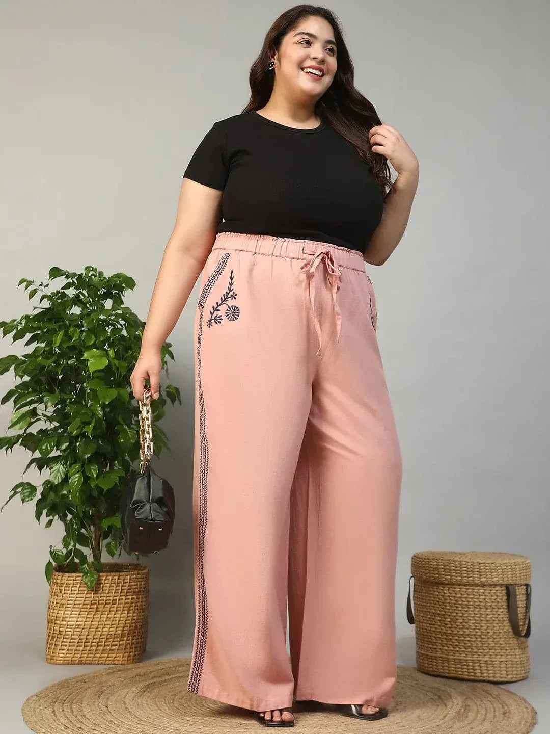 Blastic Pink Elasticated With Tie -Up Detail Embroidered Plus Size Women Cotton Linen Pant - oxolloxo