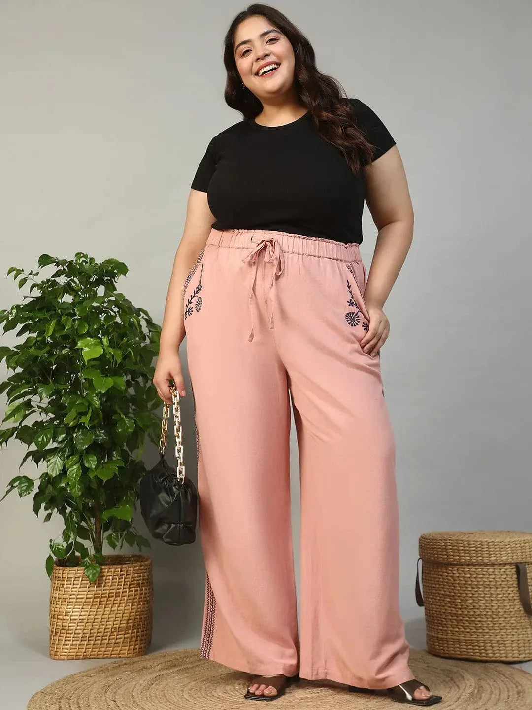 Blastic Pink Elasticated With Tie -Up Detail Embroidered Plus Size Women Cotton Linen Pant - oxolloxo