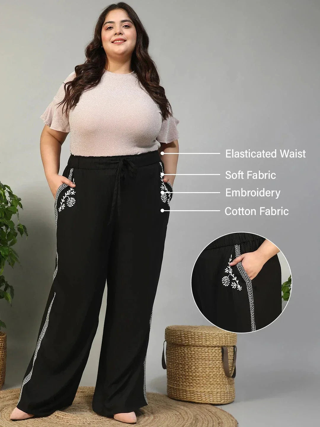 Bang On Black Elasticated With Tie -Up Detail Embroidered Plus Size Women Cotton Linen Pant - oxolloxo