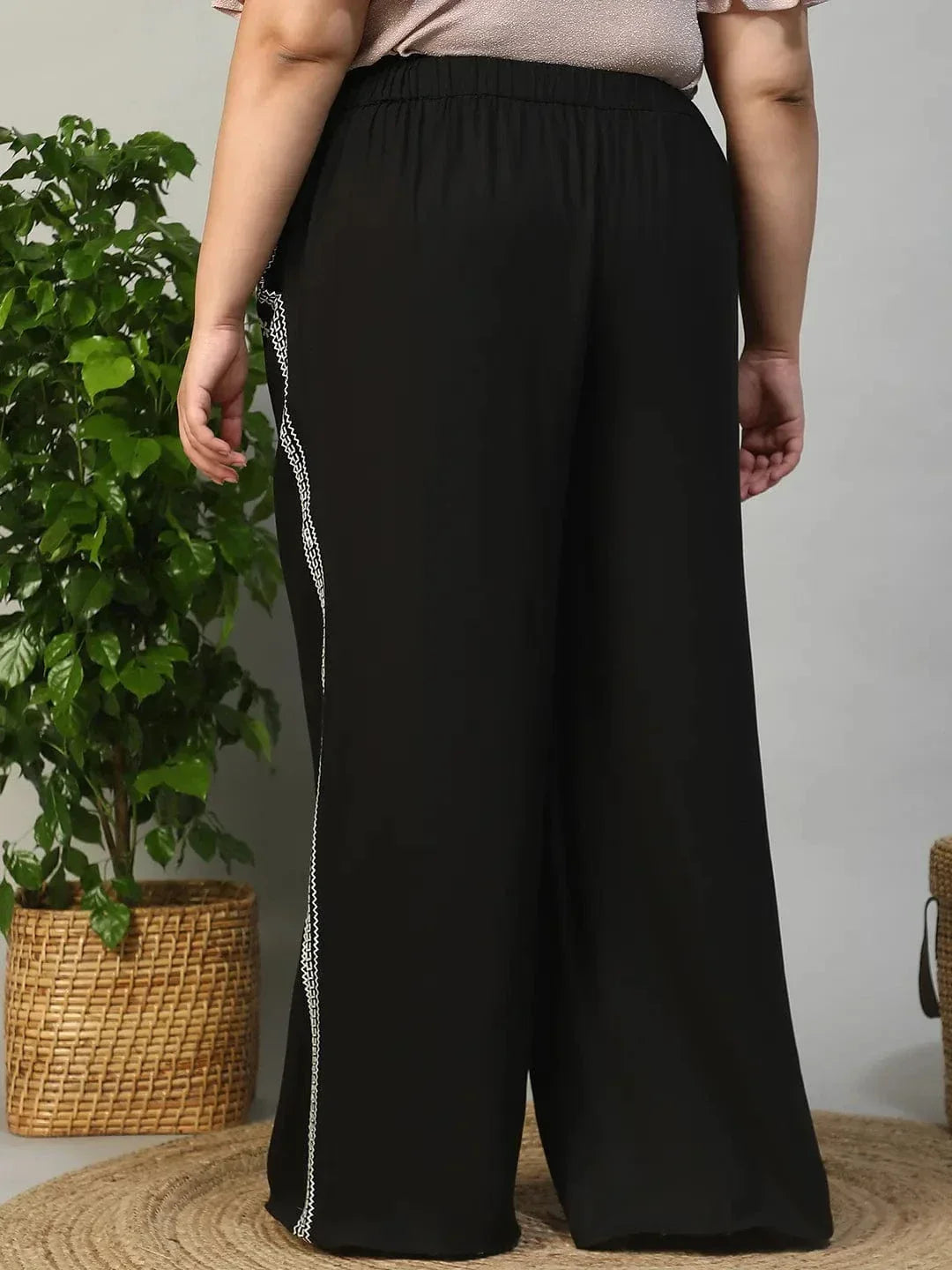 Bang On Black Elasticated With Tie -Up Detail Embroidered Plus Size Women Cotton Linen Pant - oxolloxo