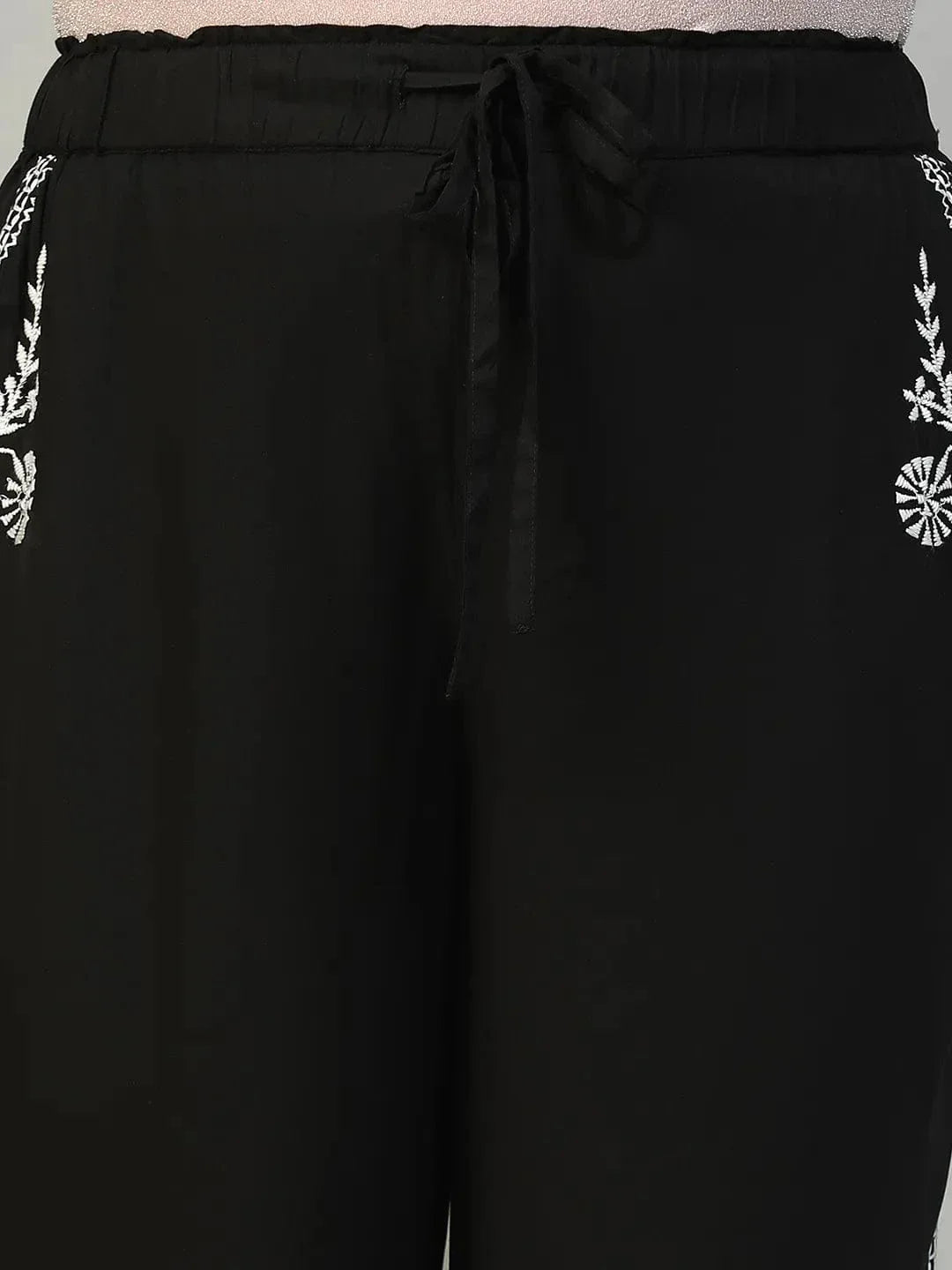 Bang On Black Elasticated With Tie -Up Detail Embroidered Plus Size Women Cotton Linen Pant - oxolloxo