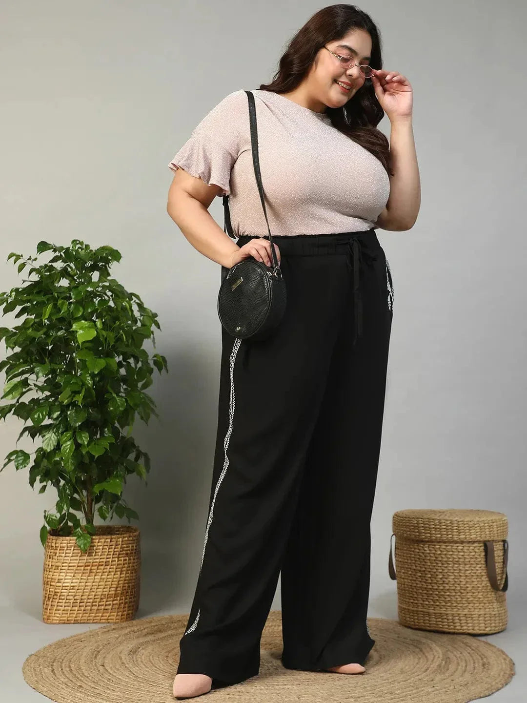 Bang On Black Elasticated With Tie -Up Detail Embroidered Plus Size Women Cotton Linen Pant - oxolloxo