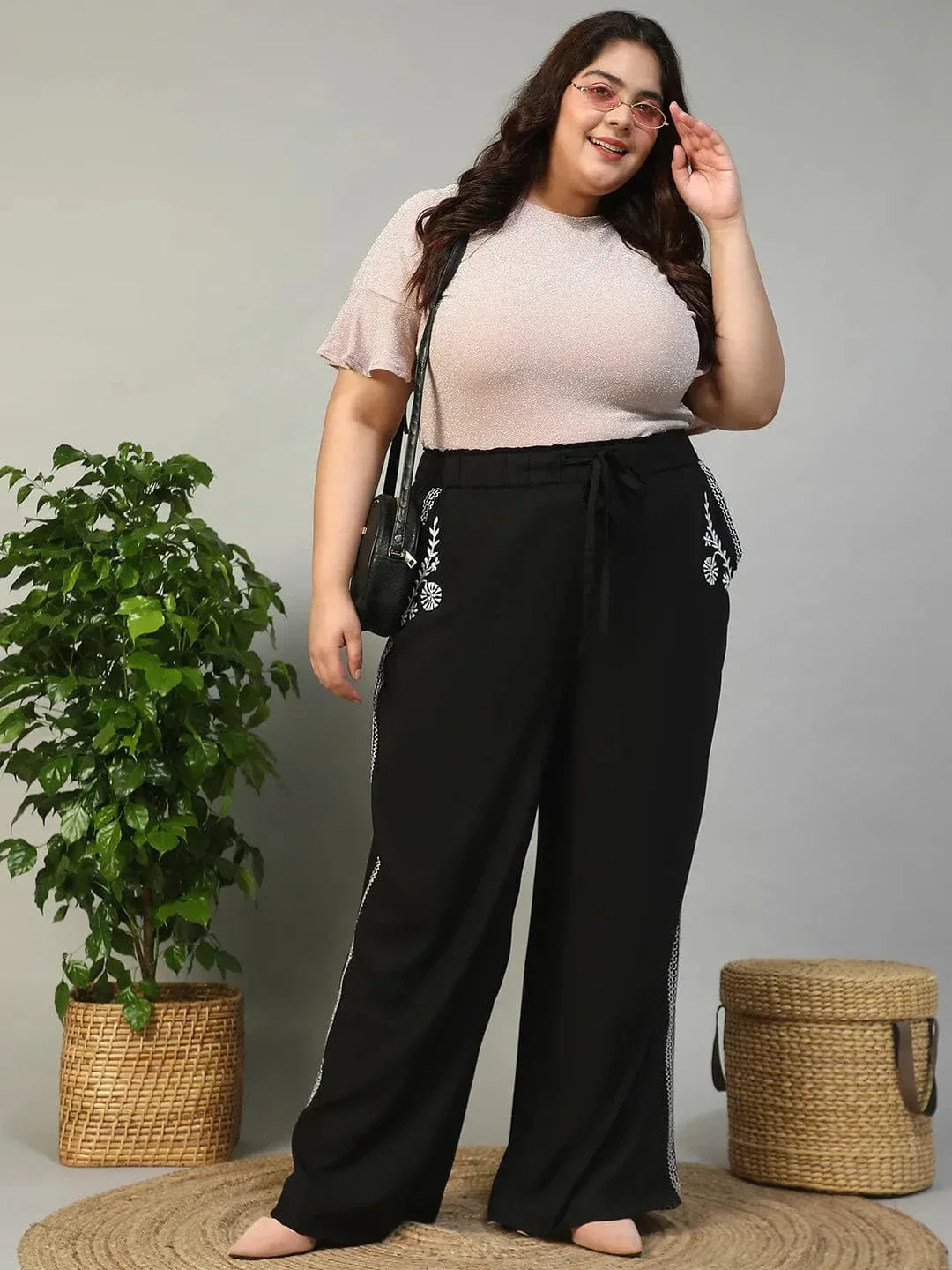 Bang On Black Elasticated With Tie -Up Detail Embroidered Plus Size Women Cotton Linen Pant - oxolloxo