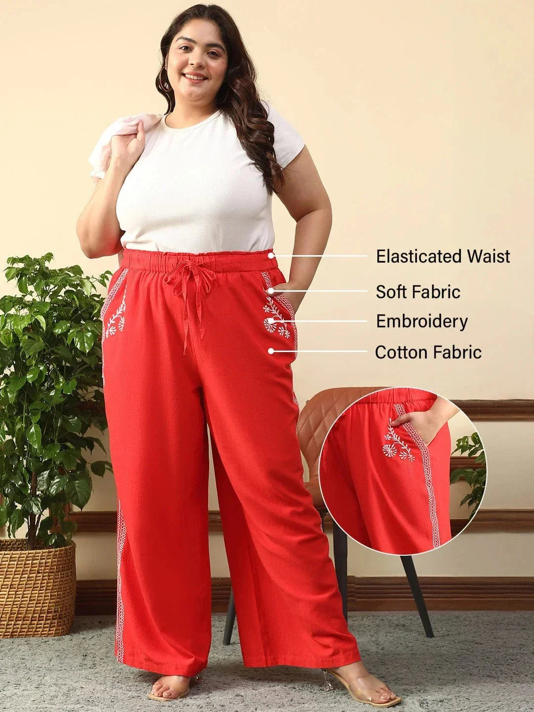 Casual Red Elasticated With Tie -Up Detail Embroidered Plus Size Women Cotton Linen Pant - oxolloxo