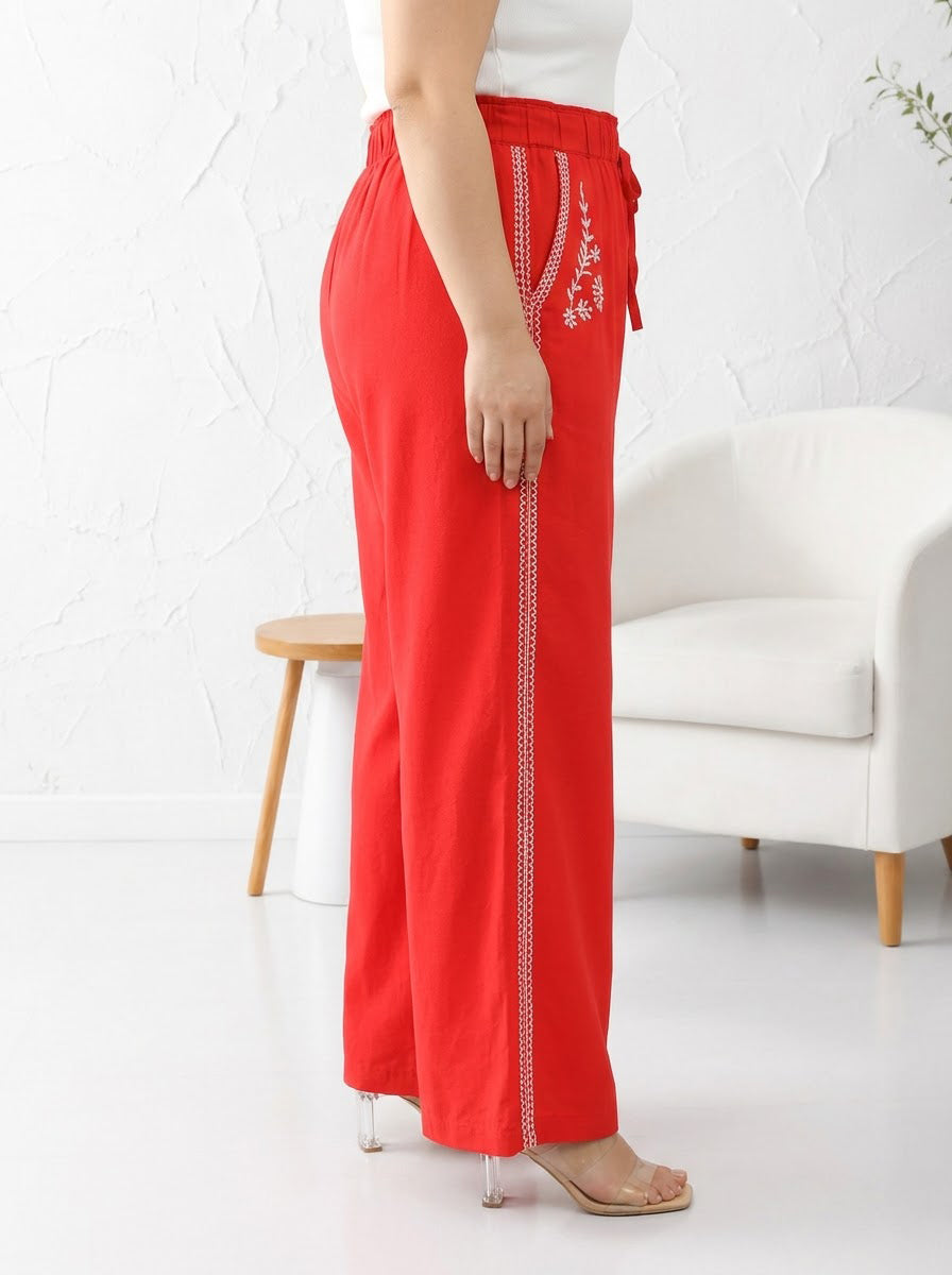Plus Size Red Cotton Linen Pant