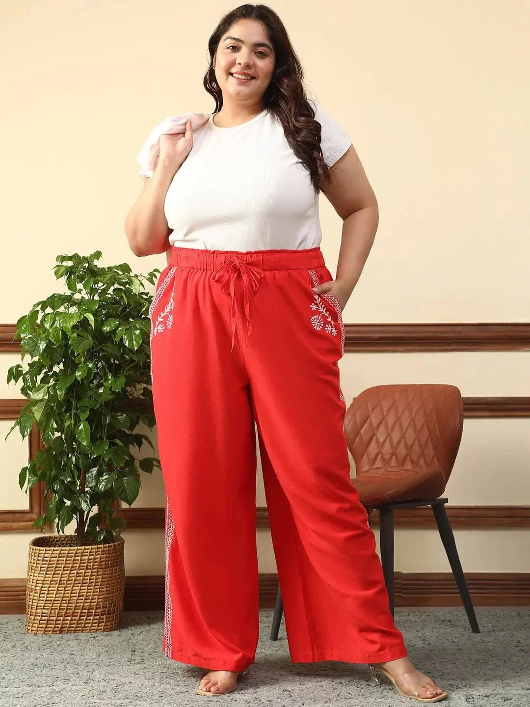Casual Red Elasticated With Tie -Up Detail Embroidered Plus Size Women Cotton Linen Pant - oxolloxo