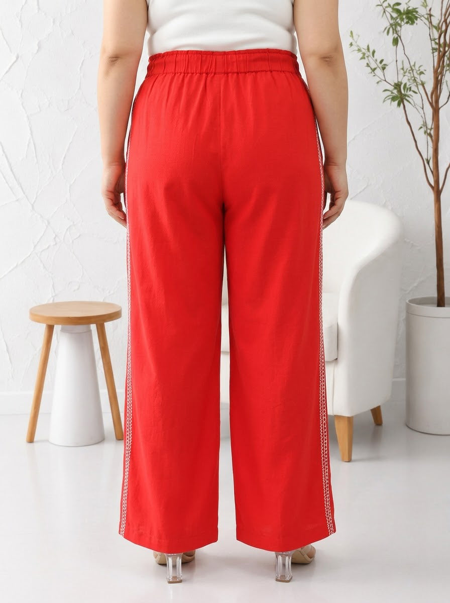 Plus Size Red Cotton Linen Pant