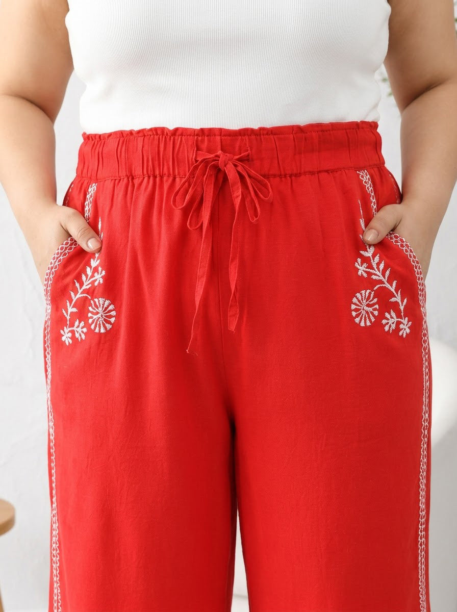 Plus Size Red Cotton Linen Pant
