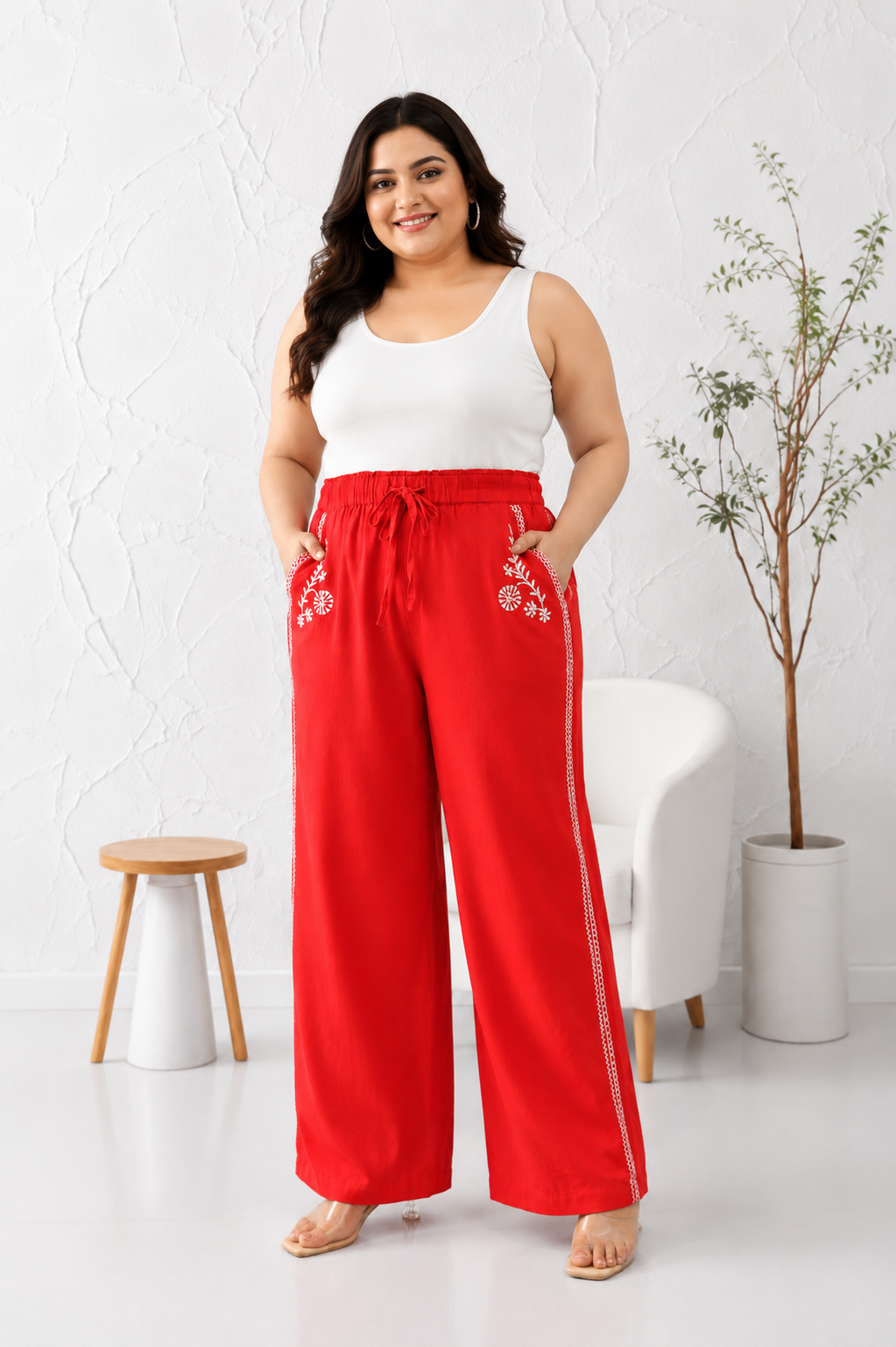 Plus Size Red Cotton Linen Pant