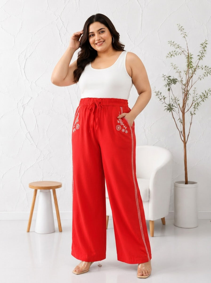 Plus Size Red Cotton Linen Pant