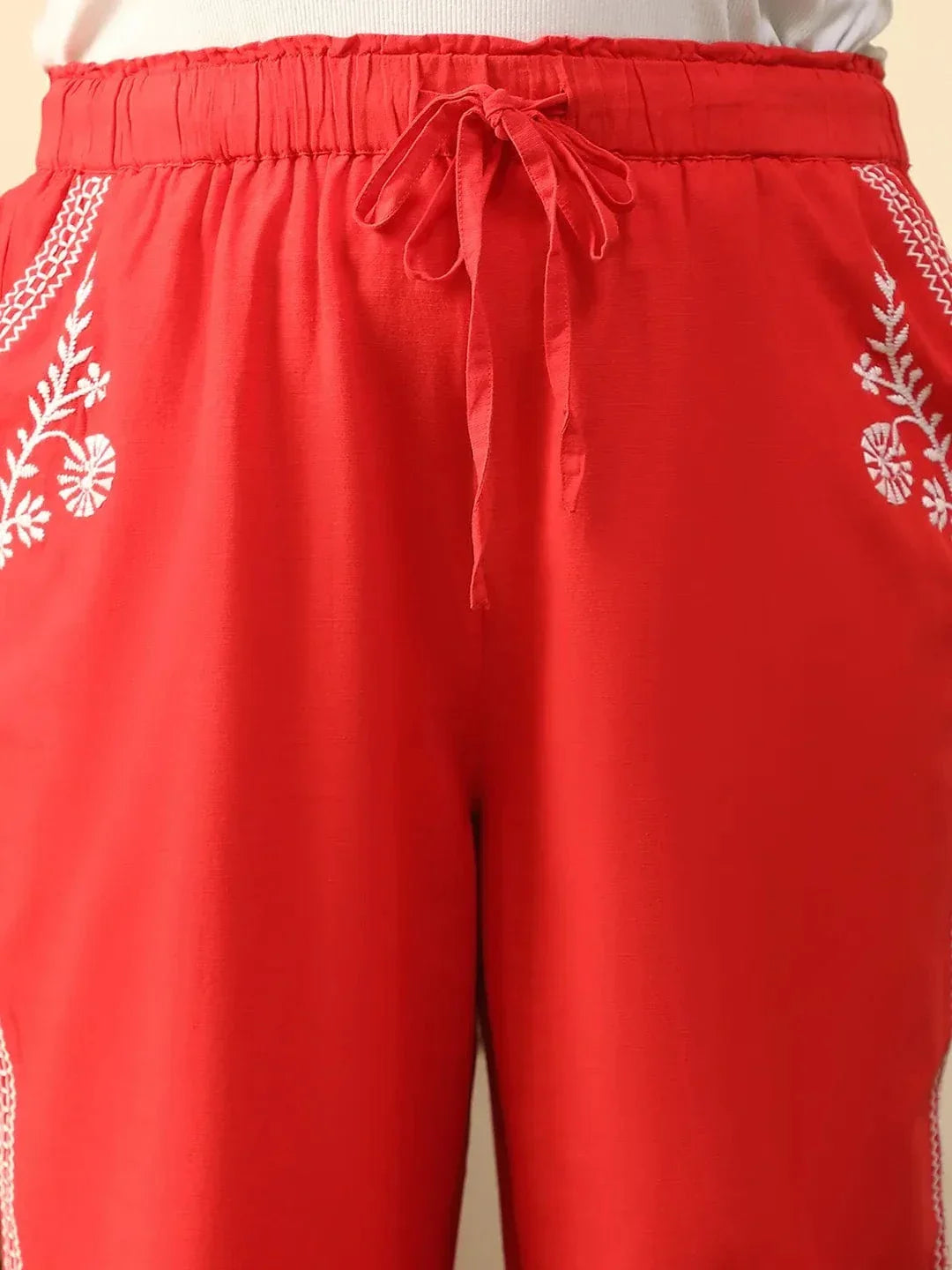 Casual Red Elasticated With Tie -Up Detail Embroidered Plus Size Women Cotton Linen Pant - oxolloxo